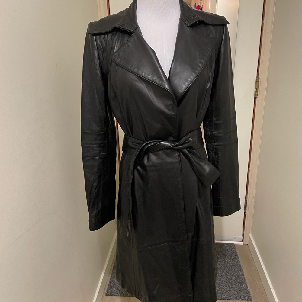 Sophisticated Black Leather Trench Coat